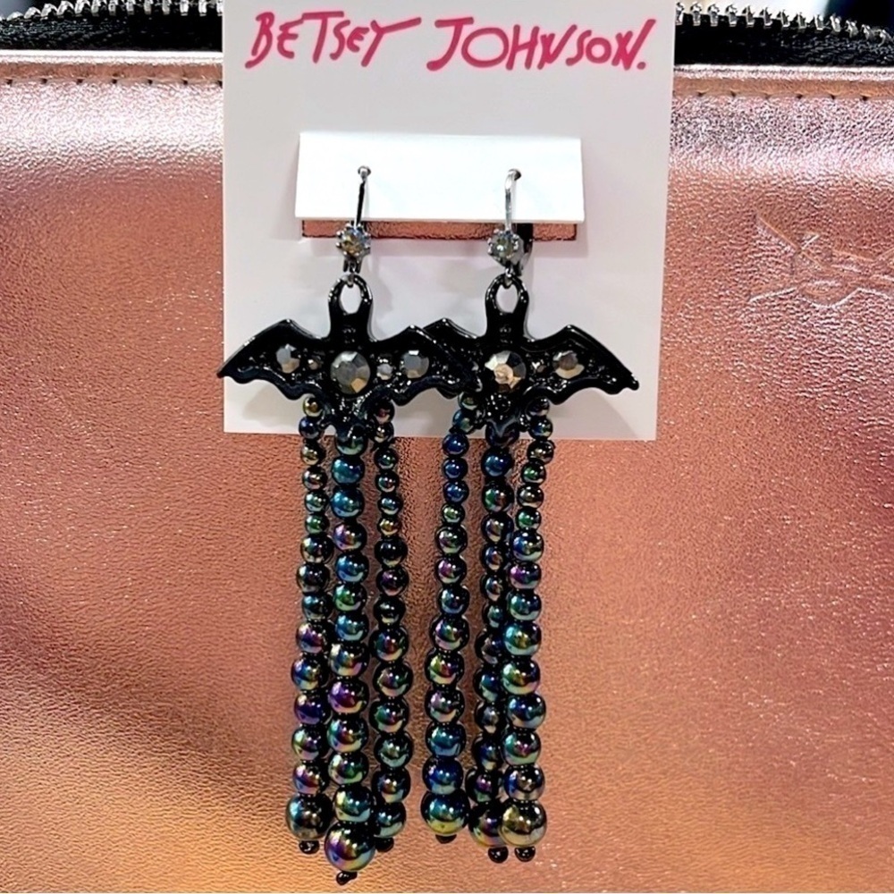 Brand New Betsey Johnson Halloween Bats Rainbow Oil Slick Beads Drop Earrings